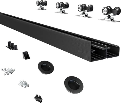 JUBEST 152cm Heavy Duty Bypass Door Hardware with Finger Pulls,Sturdy Aluminum Sliding Closet Door Track for 2 door System,Quietly and Smoothly,Fit Door Thickness 3.5cm to 4.4cm,Easy to Install, Black