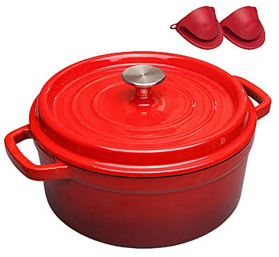 QTANZIQI Pentola in Ghisa con Coperchio - Casseruola Smaltata Antiaderente Resistente al Forno - Robuste Pentole da Forno Olandese - Casseruola Smaltata da 3,8 Litri con Manico a Doppio Anello Rossa