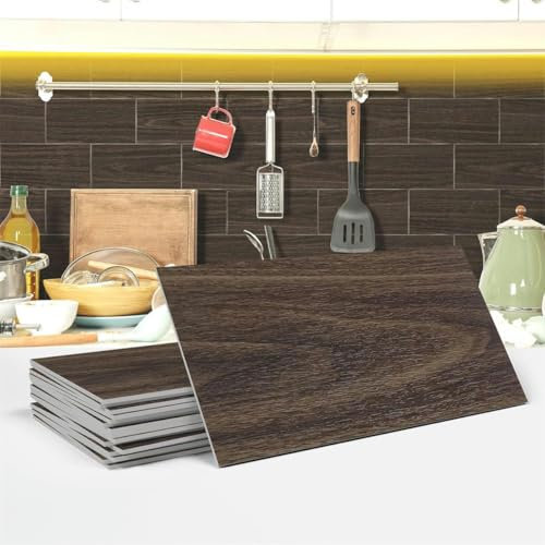 Autocollants de carrelage 10x20 Cm, autocollants de carreaux de Grain de bois marron pour cuisine et salle de bains, à coller sur les carreaux muraux, carreaux muraux en vinyle pour décoration de la