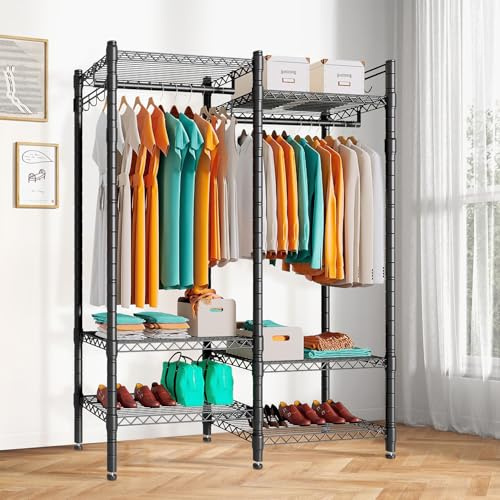Wooruy Heavy Duty Clothes Rail with Adjustable Shelves,Clothing Rail Clothing Rack Freestanding Wardrobe Closet Rack with Double Rods,Metal Garment Rail,Black 47.2 L x 15.7 W x 76.3 H