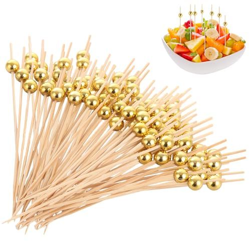 ASelected 300 PCS Cocktail Sticks, 12 cm/4.7 inch Cocktail Picks with Gold Pearl, Fancy Wooden Toothpicks Bamboo Skewers Natural Cocktail Accessories for Drinks, Appetizers, Charcuterie, Sandwich