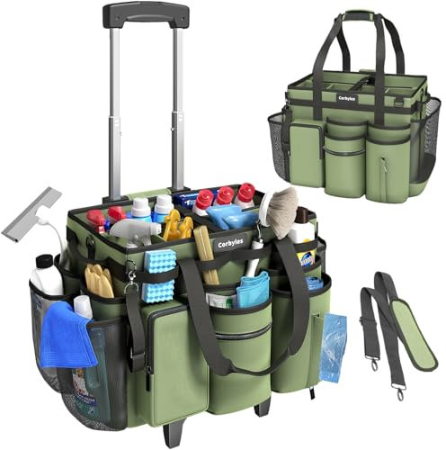 Rolling Cleaning Caddy Bag with Detachable Trolley, Cleaning Supplies Organizer Cart on Wheels, Cleaning Supply Caddy for Housekeepers, Large Professional Detailing Bag Tote for Home, Car (Green)