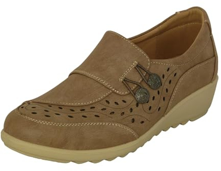 Cushion Walk Women's Ladies EEE Fitting Wide Fit Lightweight Slip-on Faux Leather Low Wedge Shoes, Casual Comfort Shoe