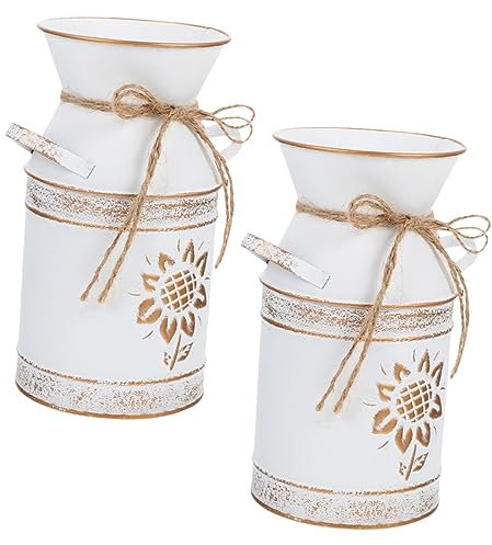 Alipis Decorative Flower Vases Set 2pcs Vintage Floral Iron Flower Pot Milk Can Jugs Rustic Home Decor Sunflower Vase