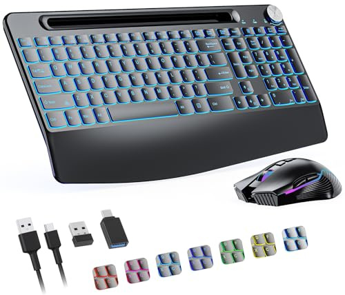 2.4G Wireless Keyboard and Mouse, Rechargeable,with 7 Colored Backlits &Phone Holder &Wrist Rest &jiggler Mouse& Volume KNOB, Lighted up Full Size Keyboard and Mouse Combo,for Mac Windows Laptop PC