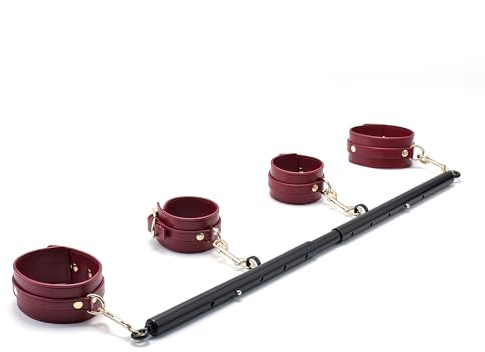 Black Adjustable Exercise Stainless Steel Spreader Bar with 4pcs PU Claret Adjustable Straps, Yoga Training Fitness Gear, Workout Bar,Sports Gym Kit