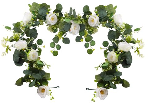 XIAQICA 2 Piezas Flores Artificiales Decoracion 1,8 m Guirnaldas de Flores Artificiales de Eucalipto Camelia Blanca Guirnalda Flores para Decoración Boda Jardín Balcón Exterior Interior