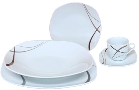 Omniacasa Servizio Piatti Con Tazzine da Caffè 30 Pezzi per 6 Persone Strips Tortora Design Moderno in Porcellana Resistente, Lavabili in Lavastoviglie e Utilizzabili in Microonde
