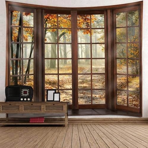Aotiwe Wandbehang, Wandteppich Aufhängung Französisches Fenster Mit Holzrahmen und Natürlicher Waldlandschaft Braun Wandtücher Boho 240x220cm