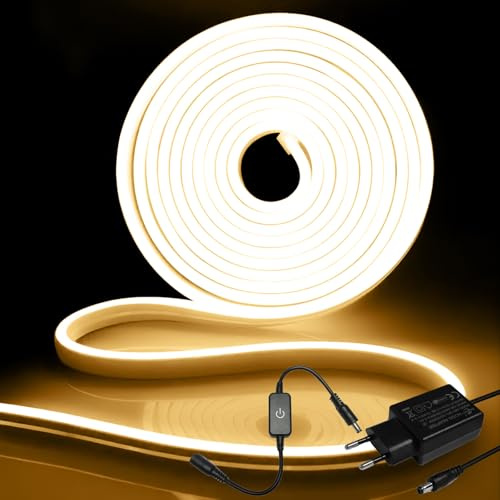 iNextStation Neon LED Streifen 5m Warmweiß 12V Dimmbar mit Netzteil | LED Strip IP65 Wasserdicht Lichtband, Schneidbar Schlauch Leiste für Küche Schränke TV Backlight Treppen Bar Outdoor Deko