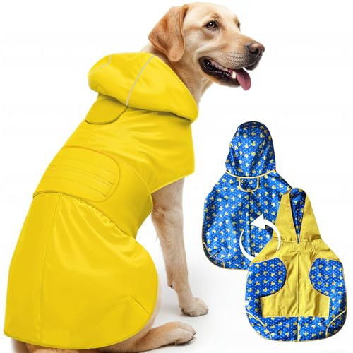 Regenmantel Hund wasserdicht - Beidseitig Tragbar Wasserdichter Hundemantel mit Kapuze und Reflektoren für trockene,sichere Gassigänge, den Hundespielplatz und den Urlaub mit Hund (XL - Gelb)