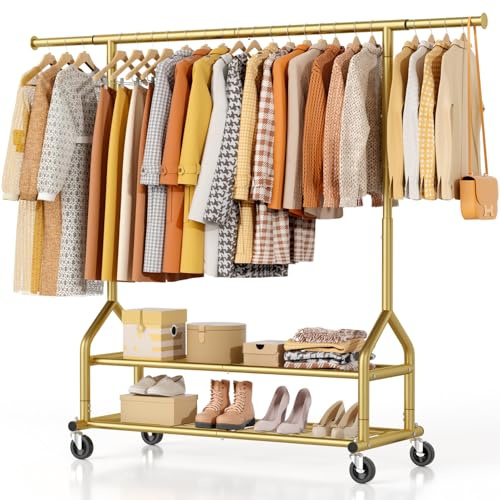 EAGMAK Heavy Duty Rolling Clothes Rail Load 252 KG, Height Adjustable, Gold