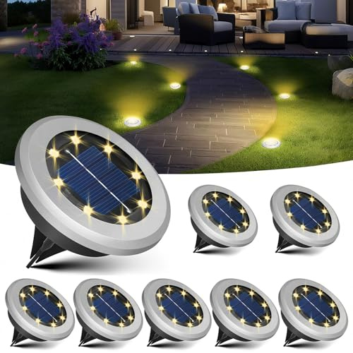 ALEGRE® 8 Stk Solar Bodenleuchten Aussen, Led Gartenbeleuchtung Solar Außen, Warmweiß Wasserdicht Boden Solarleuchten mit 8 LEDs, Led Solare Gartenleuchten, Solarlampen für Rasen Auffahrt Gehweg Patio