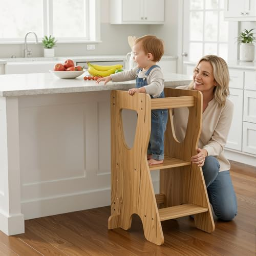 COSYLAND Kids Kitchen Step Stool Height Adjustable – Toddler Standing Tower for Kitchen Counter, Bathroom, Nursery – Parents’ Helper Toddler Stool for Learning (Natural)