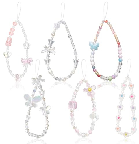 PYSEOSISE Handykette Perlen Kurz, 6 Stück Perlen Handyband, Schmetterlinge und Blumen Handy Lanyard Kurz Handyschmuck Handschlaufe Handy Anhänger für Alle Handyhülle