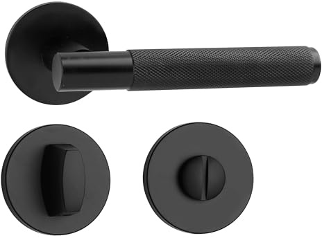 QRS - SORIA Türgriffe Innentüren - Türklinken Innen - aus Aluminium, für Tür 38-45 mm, Türdrückergarnitur, Drückergarnitur Zimmertür, Türbeschlag, Türdrücker - mit Rosette WC, Schwarz