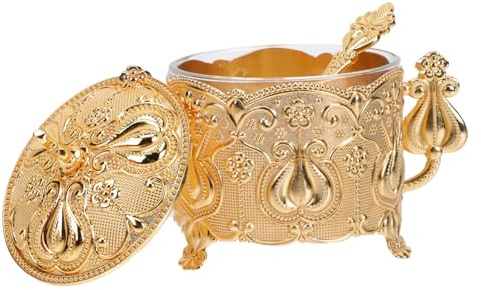 TOYANDONA Azucarero Decorativo Metálico Dorado Con Cuchara Pequeña, Tarro Para Almacenar Azúcar De Zinc, Estilo Vintage Europeo, Adecuado Para Cocina y Comedor, 1 Unidad