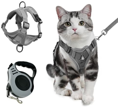 XFSRG Ausbruchsicheres Katzengeschirr für Kätzchen und Welpen als atmungsaktive Netzjacke mit Reflektorstreifen für Outdoor Abenteuer (Grau M)