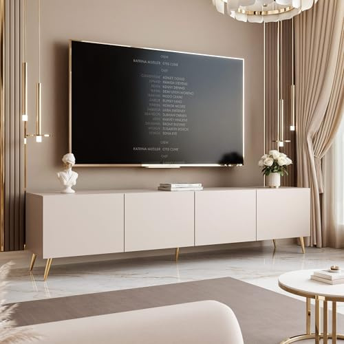 IDOHOME TV Lowboard stehend mit LED und 4 Fächern 200 cm Kaschmir | 200 x 40 x 36 cm, Laminierte Platte, Mehr Stauraum, Push to Open, TV Zubehör, LED Beleuchtung