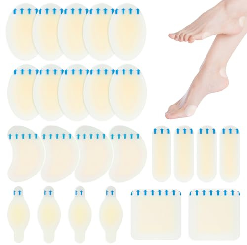 24 Pcs Blister Plasters for Feet, Hydrocolloid Gel Cushions for Heel, Toe & Foot Protection, Waterproof and Invisible Blister Plasters for Feet (5 Sizes)