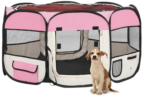 Faltbarer Welpenlaufstall mit Tragetasche Rosa 125x125x61 cm, Stahlrahmen Hundezwinger für Training, Schlafplatz und Spielbereich, mit Seitentaschen und guter