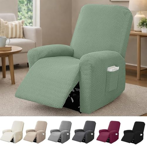 Hengrongshen 1-Sitzer Sessel Überzug, Sesselbezuge Stretch mit Taschen, All-Inclusive Streifen-Jacquard Sesselschoner für Fernsehsessel Relaxsessel Sesselhusse (Nadelgrün, 4-Teilig)