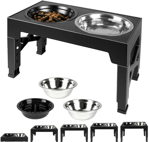 Raised Dog Bowl, 5 Height Adjustable Dog Bowl | Elevated Dog Bowl Stand with Slow Feeder Bowl & 2 Stainless Steel Dog Food Bowls for Small Medium Large Dogs and Pets
