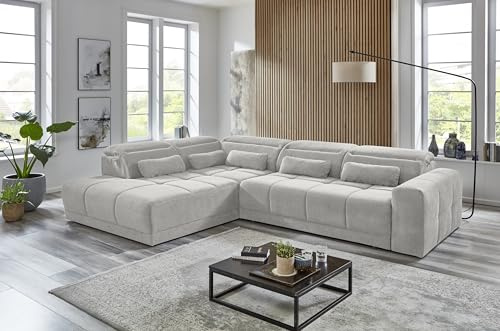 möbelando freiraum Donaugh Polstergarnitur – Ecksofa mit Ottomane Links, Silbergrau, 323x231 cm, verstellbare Kopfteile, Scheuerbeständigkeit 60.000 Touren, inkl. 5 Zierkissen