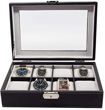 Elegant 8 Piece XL Oversized Extra Large Black Leatherette Watch Display Case and Storage Organizer Box for up to 65 MM watches with Glass Top and Large Faux Suede Grey Pillows Father's Day Gift