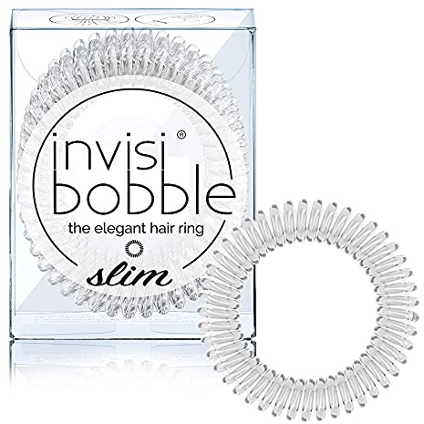 invisibobble SLIM Traceless Spiral Hair Ties - Pack of 3, Crystal Clear - Strong Elastic Grip Coil Hair Accessories for Women - No Kink, Non Soaking - Gentle for Girls Teens and Thick Hair