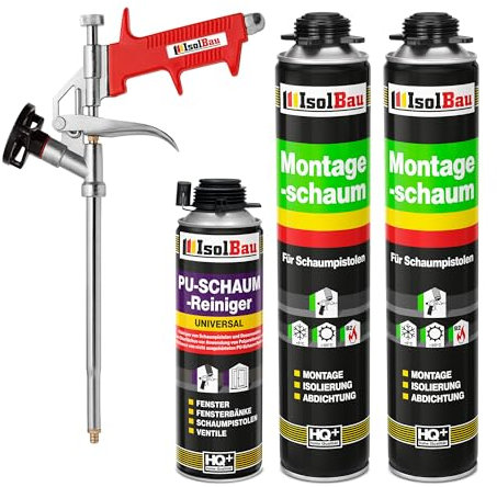 Isolbau Bauschaum-Set - Inkl. 2 x 1K Montageschaum B2 Pistolenschaum mit hervorragender Schall und Wärmedämmung (je 750 ml), 1 x PU-Schaum-Reiniger (500 ml) & 1 x Schaumpistole, Dämmen