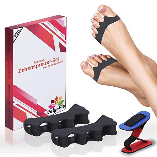 ValgoFit [4X] Hallux Valgus Zehenspreizer Silikon - Fußzehen Spreizer, Zehentrenner Damen und Herren - mit Gratis Trainingsband und eBook - Chemiefrei (BPA Frei) - Toe Separator, Zehentrenner Silikon