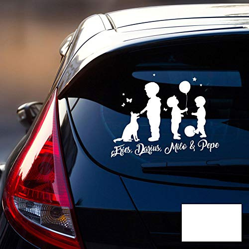 Autotattoo 3 Jungs 1 Hund Heckscheiben Aufkleber Namensaufkleber Kinder und Namen Wunschnamen Sticker M2391 - ausgewählte Farbe: *weiß* ausgewählte Größe: *S - 20cm hoch x 26,5cm breit*