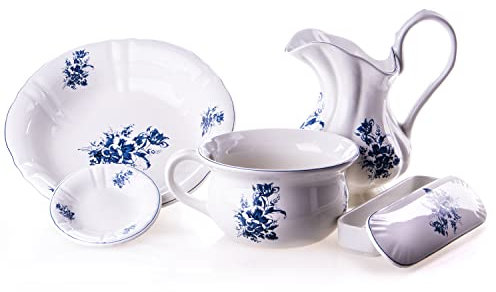 Altes Waschset aus Keramik mit blauen Blumenmuster Vintage Krug, Waschschüssel, Nachttopf, Seifenschale, und Kammschale