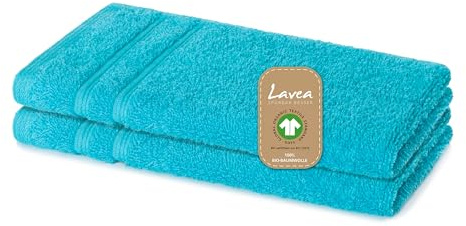 Lavea® 2er Set Gästetuch 30 x 50 cm, Bali Gästehandtücher klein aus Baumwolle, saugstarkes Handtuch für Bad und WC, Gästehandtuch-Set, 100% GOTS Bio-Baumwolle, Premium Frottier Handtücher, Türkis