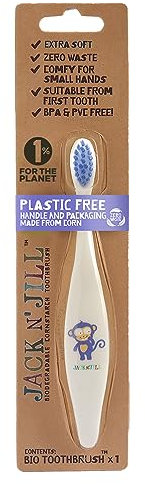 Jack N' Jill Kids Toothbrush – Manual Toothbrush for Kids with Extra Soft Bristles, Suitable for Babies & Toddlers, Ergonomic Handle, Cornstarch Plant-Based Handle & Packaging - 1 Pack, Monkey
