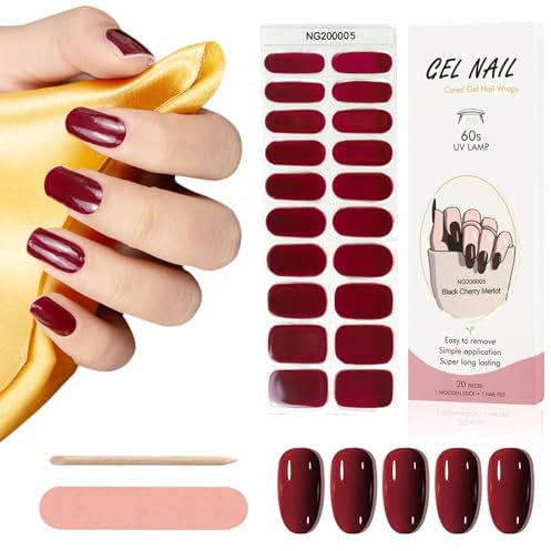 Kalolary 20 adesivi con smalto in gel per unghie, di colore rosso vinaccia, applicabili con lampada UV/LED (non inclusa), kit completo per unghie in gel indurito