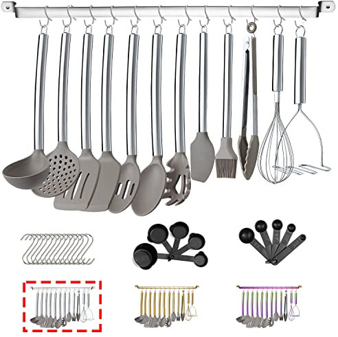 38 Pezzi Set Di Utensili Da Cucina Con Portautensili, Testa In Silicone E Manico In Inossidabile Pentole, Da Cucina Per Di Utensili, Gadget Da Cucina Antiaderenti, Lavabili In Lavastoviglie (Argento)