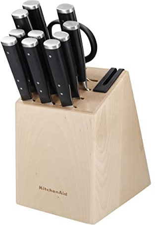 Kitchenaid Gourmet Set di Coltelli in Acciaio Giapponese da 11 Pezzi con Affilatore E Blocco in Legno di Betulla