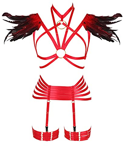 Damen Feder Körper Brustgeschirr Engelsflügel Punk Strappy Tops Epaulet Rave Taille Strumpfband Gürtel Übergröße Halloween Kleidung, Rot lang, Einheitsgröße