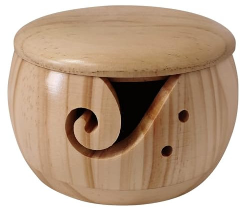 Bol à fil en bois avec couvercle, fait à la main avec trous sculptés et trous de perçage, rangement pour aiguilles et boules de fil