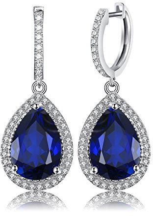 JewelryPalace Halo Pendientes Colgantes Mujer Plata Oro 14k Oro Rosa, Pendientes de Gota con 12.4ct Zafiro Azul Creado Corte Pera, Pendientes Largos Niña con Piedras, Joyas Mujer