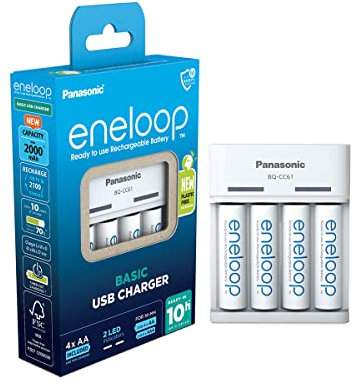 eneloop Basic Cargador USB, para 2 o 4 Pilas Recargables AA/AAA, 10h de Tiempo de Carga, 6 Funciones de Seguridad, 4 Pilas eneloop AA (2000 mAh) Incluidas