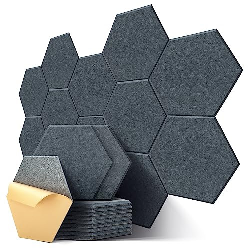 Hexagon Akustikplatten, 12 Stück Schallabsorber für Tonstudio, Wohnzimmer, Gaming Deko, Kinderzimmer, Buero, Wand, Decken, Türen Akustikpaneele Selbstklebend, 30 x 26 x 0,9cm, Dunkelgrau