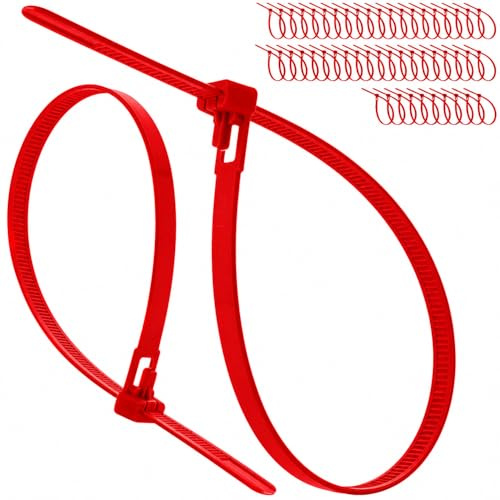 On1shelf Releasable Cable Ties 7.2mm x 300mm Red, 50 Pack Heavy Duty Reusable Zip Ties, Adjustable Removable Nylon PA66 Tie Wraps for Cable Identification & Cable Management