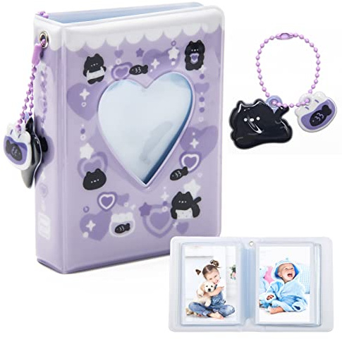 3 Inch Mini Photocard Album Kpop Photocard Binder, Catcan Photo Card Holder Book 40 Pockets With Black Cat Pendant, Love Heart Hollow Out Photocard Binder For Collecting Picture (Purple Black Cat)