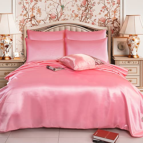 Luxurious 6-Piece Duvet Cover Set for Ultimate Comfort And Style Satin Silk Complete Bedding Set Duvet Cover Fitted Sheet 4 Pillow Cases 6 Pcs (Baby Pink, Double)