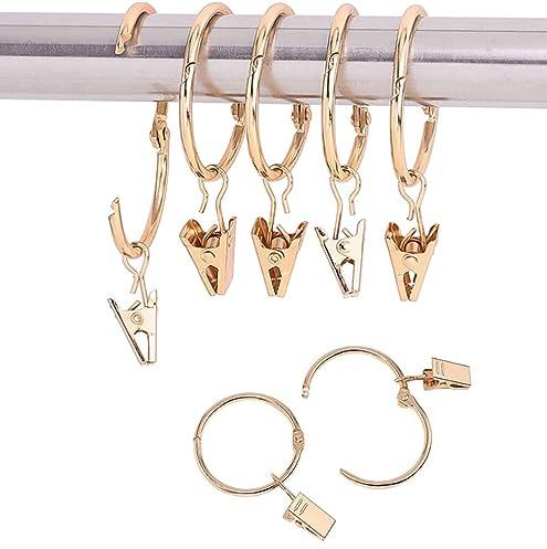 20 Stück Gardinenringe Metall,38mm Vorhangringe mit Clips,Vorhang Clips,Duschvorhang Metallklammern für Vorhänge und Gardinenstangen (Gold)