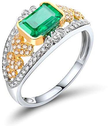 Lieson Ehering Weißgold 750 18K, Hochzeit Ring Damen Herz Rechteckig Smaragd 0.9ct mit Diamant 0.33ct Verlobungsring Weißgold Große 48 (15.3)
