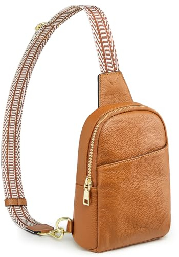 S-ZONE RFID-blockerande kvinnor litet läder crossbody sling väska bröstpaket ryggsäck, Brun, Small